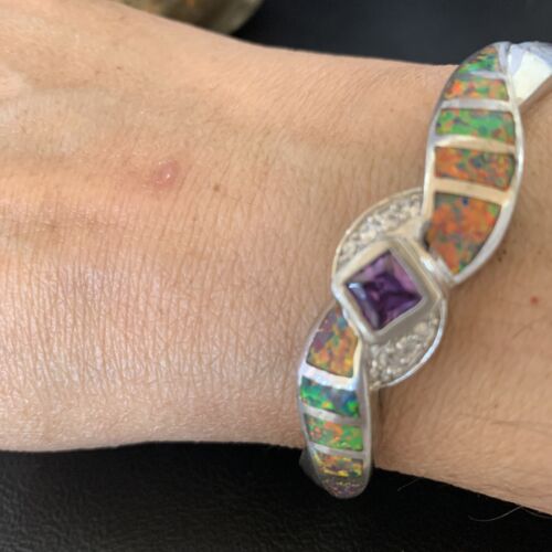 Southwestern Navajo Orange Opal Amethyst Bracelet | Sterling Silver | 7" | Authentic Native American Handmade | 13125
