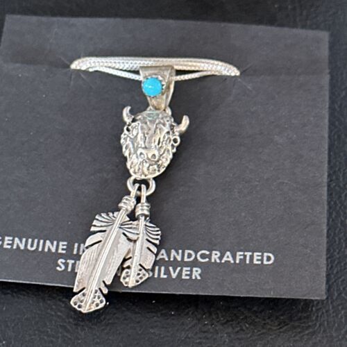 Navajo Buffalo Turquoise Pendant | Sterling Silver | Authentic Native American Handmade | 18" | 14686