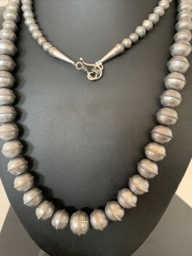 Navajo Pearls Sterling Silver Necklace | Hand-Stamped Bench Beads | 36" | Southwestern | 93336