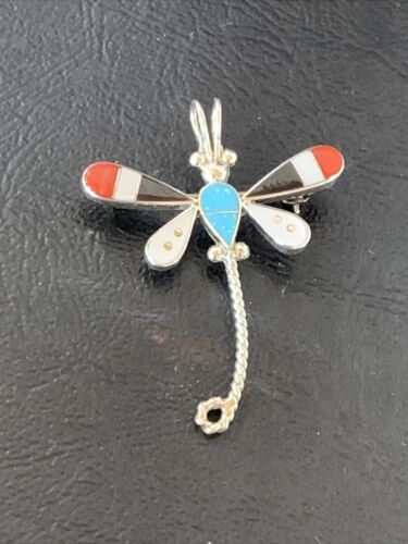 Zuni Turquoise Mother of Pearl Inlay Dragonfly Necklace Pin Pendant | Sterling Silver | 12319