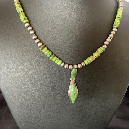 Navajo Green Gaspeite Turquoise Inlay Pendant | Sterling Silver | Authentic Native American Handmade | 13267