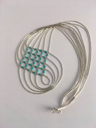 Turquoise Heishi Tubes Pendant | 5-Strand Liquid Sterling Silver Necklace | Authentic Native American Handmade | 8880
