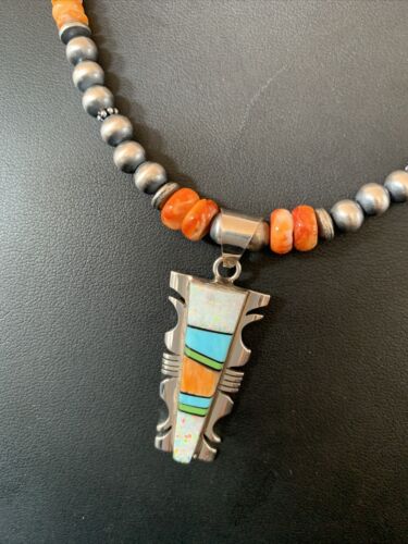 Navajo Turquoise Spiny Oyster Inlay Pendant | Sterling Silver | Authentic Native American Handmade | 11801