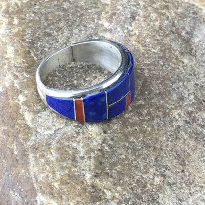 Navajo Multi-Stone Lapis Coral Inlay Ring | Sterling Silver | Sz 9.75 | Authentic Native American Handmade | 10102