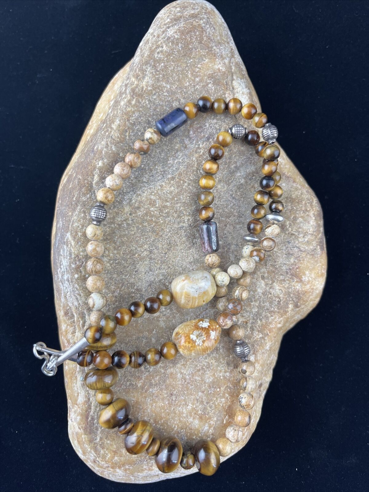 Women's Graduated Tigers Eye & Picture Jasper Necklace | Sterling Silver | Authentic Native American | 24" | 10075