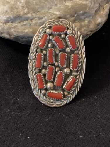 Navajo Red Coral Cluster Ring | Authentic Native American Sterling Silver | Multi-Stone | Sz 6.5 | 02220