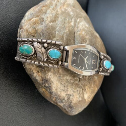Vintage Navajo Sterling Silver Watch Tips | Old Pawn Blue Turquoise Band | Authentic Native American Jewelry