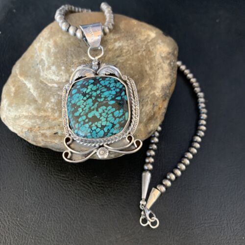 Mens Navajo Sterling Silver Blue Spiderweb Turquoise Necklace Pendant 14203