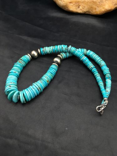 Authentic Navajo Sterling Silver & Turquoise Graduated Necklace | Native American Jewelry | 18" | 4046 - Masha USA