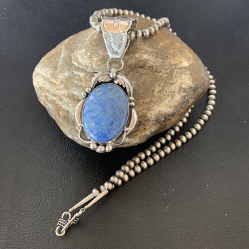 Navajo Denim Lapis Necklace with Pendant | Sterling Silver | Authentic Native American Handmade | 12437