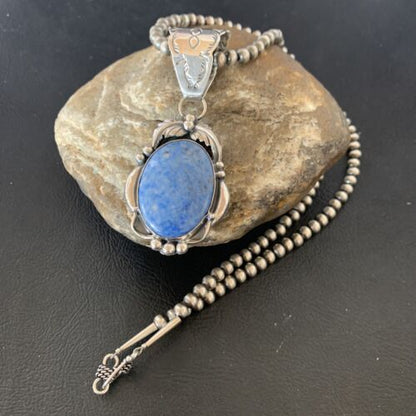 Navajo Denim Lapis Necklace with Pendant | Sterling Silver | Authentic Native American Handmade | 12437