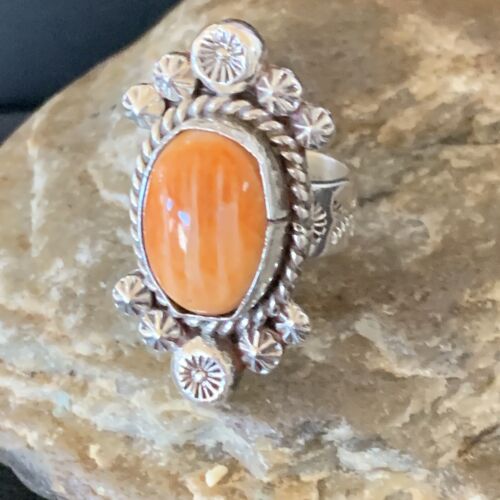 Navajo Orange Spiny Oyster Ring | Sterling Silver | Sz 7 | Authentic Native American Handmade | 13355