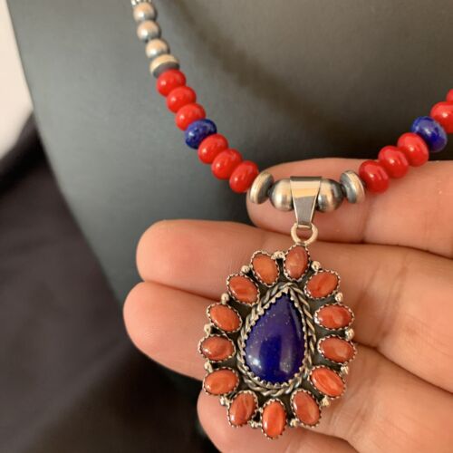 Navajo Red Stabilized Coral Lapis Necklace Cluster Pendant | Sterling Silver | Multi-Stone | 10633