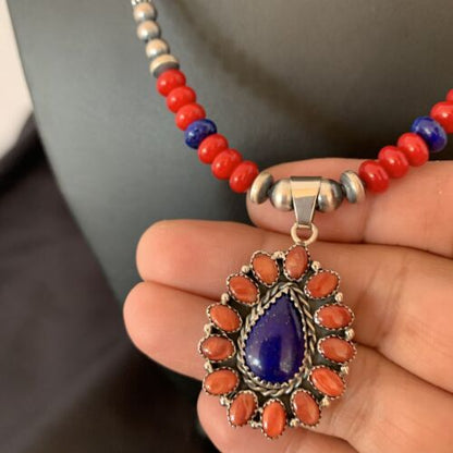 Navajo Red Stabilized Coral Lapis Necklace Cluster Pendant | Sterling Silver | Multi-Stone | 10633