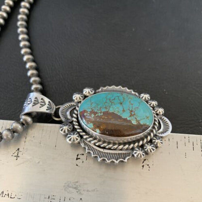 Men's Navajo Pearls Necklace | Sterling Silver | Blue #8 Turquoise Pendant | Authentic Native American Handmade | 10867