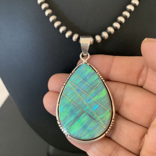 Native American Women's Navajo Green Faux Opal Pendant | Sterling Silver | 2.30" | 1895