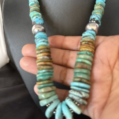 Navajo Blue Green Turquoise Bead Necklace | Sterling Silver | Graduated | Authentic Native American | 20" | 14240