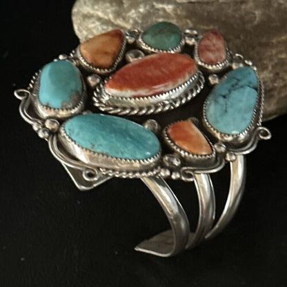Men's Kingman Turquoise & Spiny Oyster Cluster Cuff Bracelet | Sterling Silver | Native American Handmade | 14595