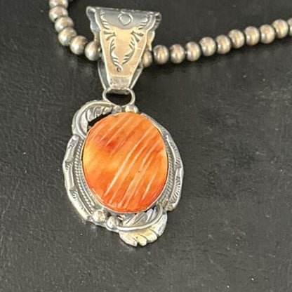Navajo Orange Spiny Oyster Necklace Pendant | Sterling Silver | Authentic Native American Handmade | 14680