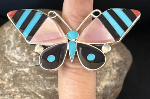 Zuni Butterfly Inlay Ring | Coral Turquoise Onyx Mother of Pearl | Sz 7 | Sterling Silver | 14436