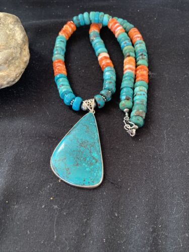 Spiny Oyster Turquoise Navajo Pearls | Spiderweb Pendant | Sterling Necklace | Southwestern | 00835