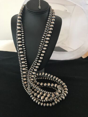 Navajo Pearls Sterling Silver Bead Necklace | 60" 3-Strand | Native American Handmade | 93960
