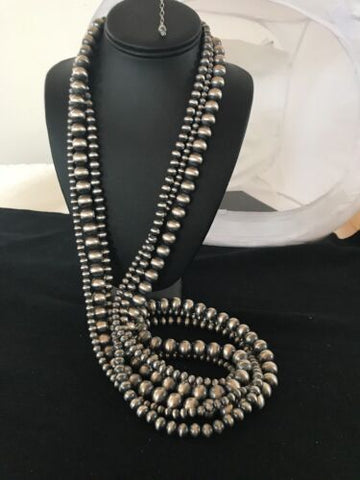 Native Navajo Pearls Sterling Silver Bead Necklace 60” Long 3 Strands 209