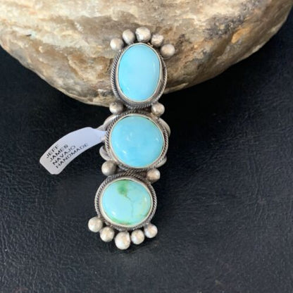 Navajo Blue Sonoran Gold Turquoise Multi-Stone Ring | Authentic Native American Sterling Silver | Sz 7 | 14064