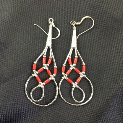 Native American Red Coral Tube Heishi Dangle Earrings | Liquid Sterling Silver | 2" | 3104