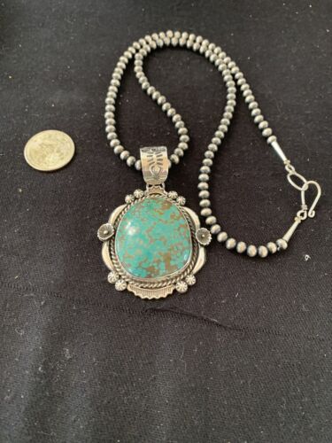 Men's Navajo Pearls Necklace Pendant | Sterling Silver | Blue Turquoise #8 | Authentic Native American Handmade | 529