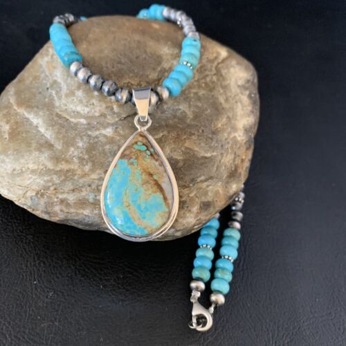 Navajo Blue Turquoise Pendant Necklace | Sterling Silver | Authentic Native American Handmade | 13828