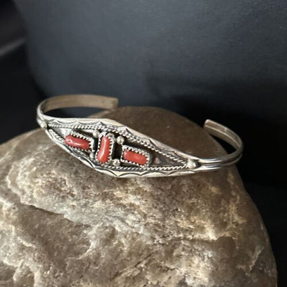 Native American Navajo Red Coral Cuff Bracelet | Sterling Silver | Authentic Handmade | 14592