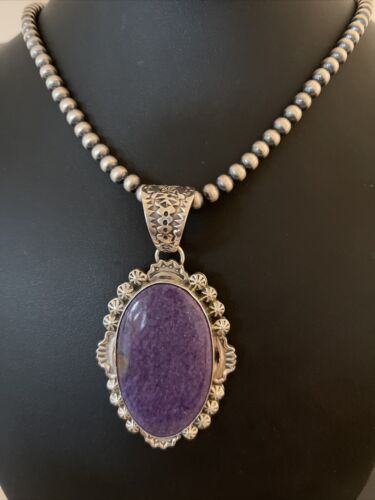Southwestern Navajo Necklace | Sterling Silver Purple Charoite Pendant | Authentic Native American Handmade | 1353