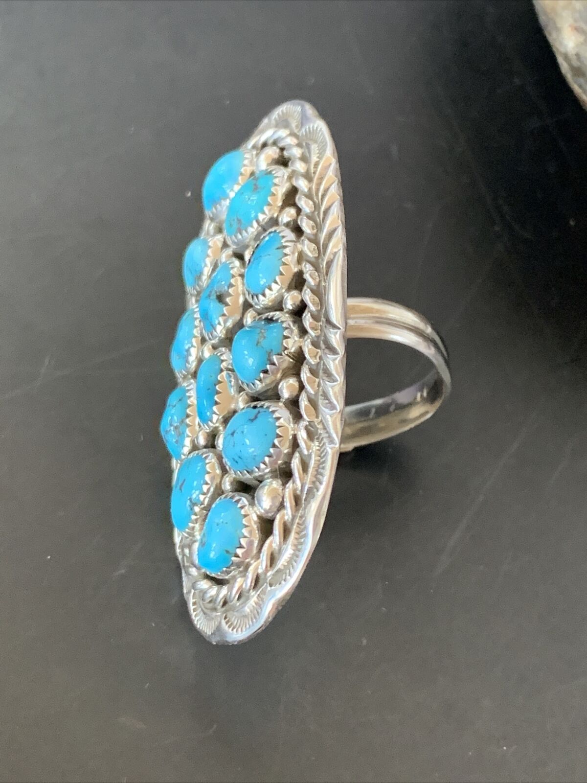 Navajo Blue Kingman Turquoise Cluster Ring | Authentic Native American Sterling Silver | Multi-Stone | Sz 6.5 | 11511