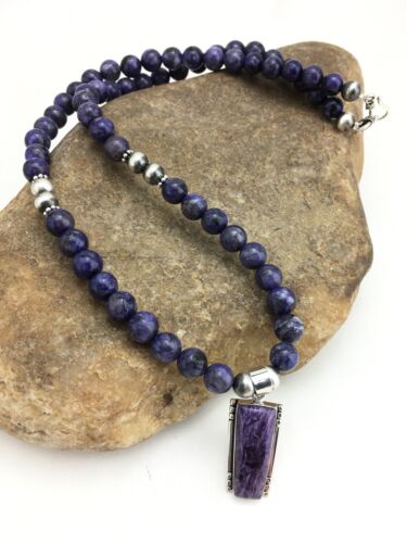 Navajo Charoite Pendant with Pearls | Sterling Silver Necklace | 21" | Authentic Native American Handmade | 4877