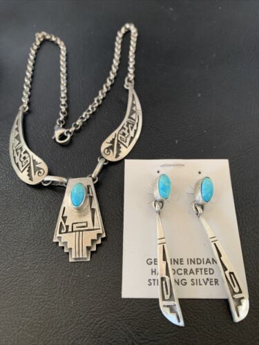 Native American Hopi Blue Kingman Turquoise Necklace & Earrings Set | Sterling Silver | 2101