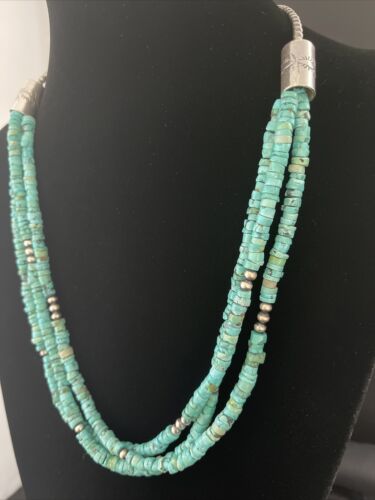 Navajo Turquoise Heishi Necklace | Sterling Silver 3 Strand 7mm | 24" | Authentic Native American Handmade | 01769