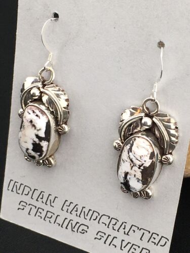 Navajo White Buffalo Turquoise Dangle Earrings | Sterling Silver | 1.25" | Authentic Native American Handmade | 1325