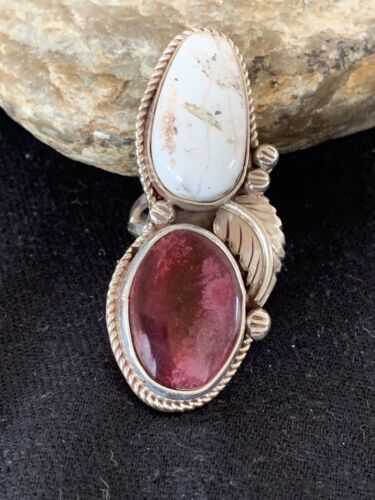 Navajo White Buffalo Turquoise & Spiny Oyster Multi-Stone Ring | Authentic Native American Sterling Silver | Sz 9 | 308