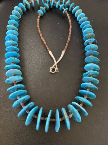Authentic Native American Kingman Turquoise & Shell Necklace | Sterling Silver | 33" | Navajo Graduated | 12159