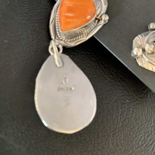 Navajo Orange Spiny Oyster Dangle Earrings | Sterling Silver | Authentic Native American Handmade | 13817