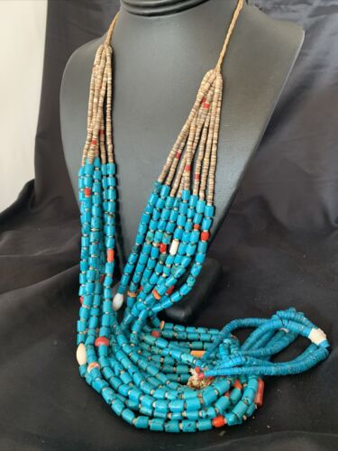 Southwestern Santo Domingo Coral Spiny Blue Turquoise Jacla Necklace | 32" | Native American Handmade | 12047