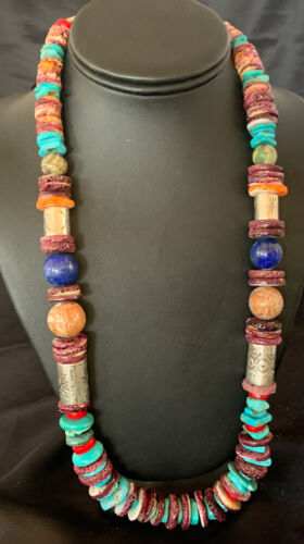 Navajo Turquoise Spiny Oyster Coral Lapis Necklace | Sterling Silver | 24" | Authentic Native American Handmade | 11871