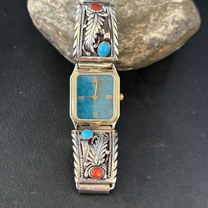 Authentic Navajo Men's Watch Tips Band | Turquoise Coral Feather | Sterling Silver | Native American Jewelry | 14312