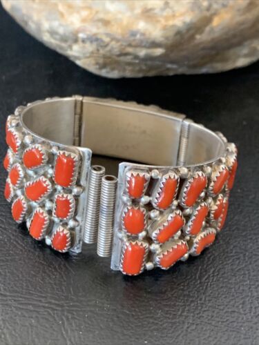 Old Pawn Men's Navajo Sterling Silver Watch Bracelet with Red Coral | Authentic Native American Jewelry | 12152