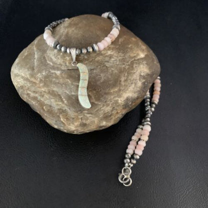 Navajo Pink Opal Beads Necklace Multi-Stone Mother of Pearl Inlay Pendant | Sterling Silver | 13458