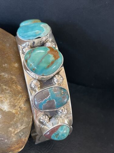 Men's Navajo Blue Turquoise Cuff Bracelet | Sterling Silver | 5 Stones | Authentic Native American Handmade | 01886 - Masha USA