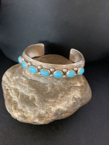 Men's Blue Kingman Turquoise Cuff Bracelet | Sterling Silver | 7 Stone | Authentic Native American Handmade | 14137 - Masha USA