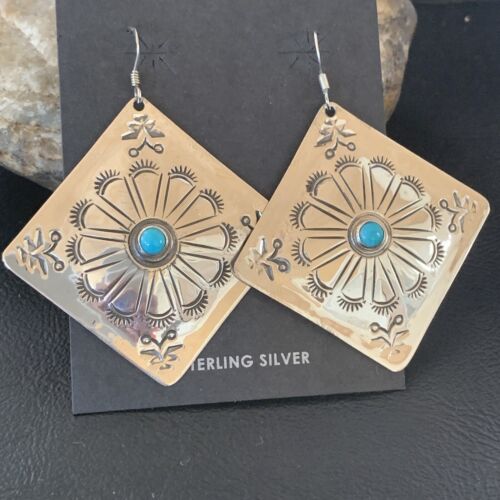 Navajo Turquoise Stamped Earrings | Sterling Silver | Authentic Native American Handmade | 1203