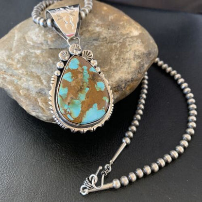 Navajo Pearls Necklace with Blue Royston Turquoise Pendant | Sterling Silver | Native American Handmade | 10764
